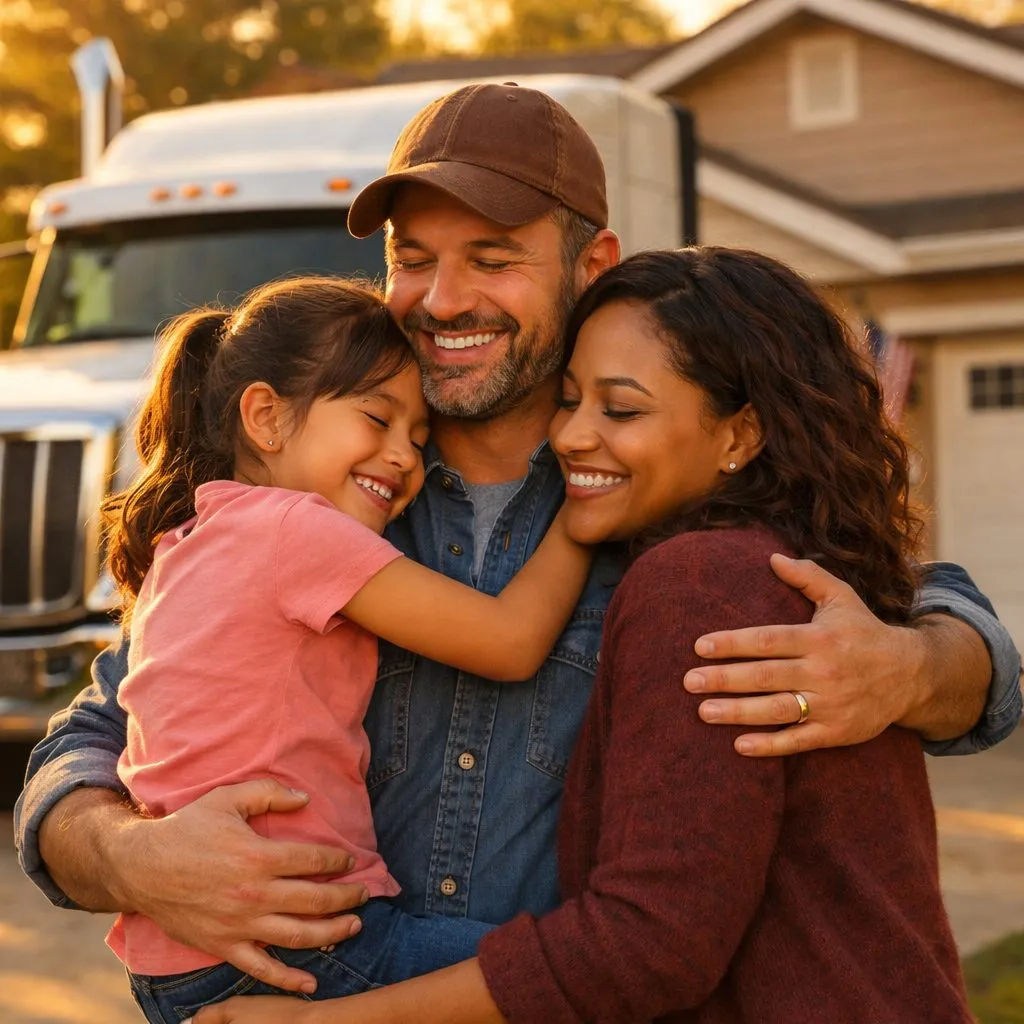 Trucker dad hugging his wife and daughter beside his truck — protected by Protect Our Truckers life insurance